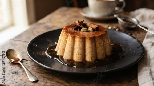 Close Up Chai Spiced Crème Caramel Unmolded Black Plate Caramel Sauce Cascading Down Sides

