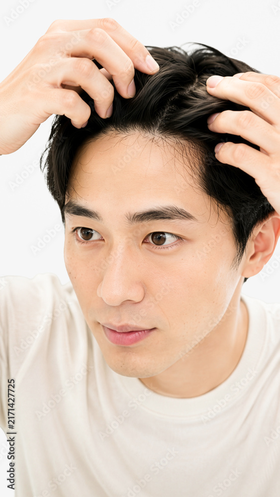 Fototapeta premium 手で髪をかき上げてM字型の生え際を確認する日本人男性