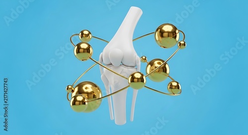 A realistic human knee joint with golden spheres against a blue background