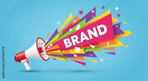 A white and red megaphone broadcasts the word brand with colorful shapes
