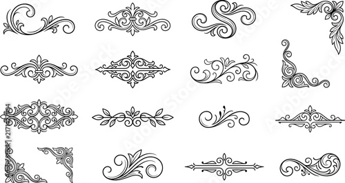 Vintage line art flourishes and ornate decorative corners vector set featuring elegant baroque scrolls text dividers and classic wedding page ornaments