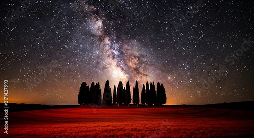 Milky way galaxy shining above cypress trees over a red field