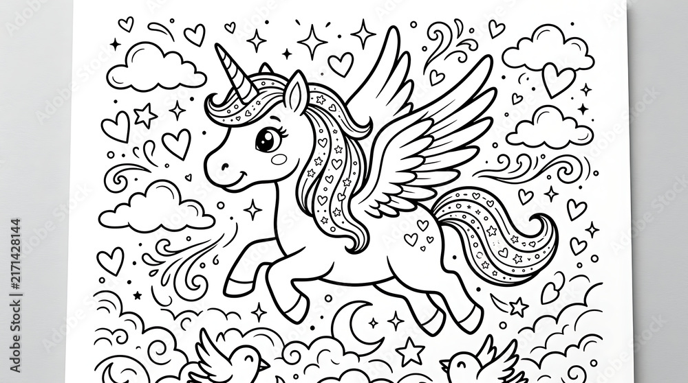 Naklejka premium A delightful black and white line art coloring page features a magical flying winged pony surrounded by fluffy clouds, twinkling stars, and lovely floating hearts for creative children