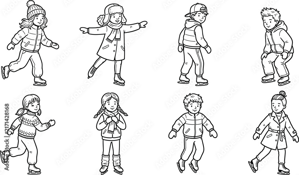 Obraz premium Line art winter season children ice skating character icon set with happy kids outdoor holiday sports activity coloring book vector.