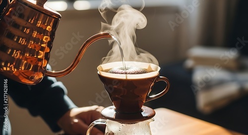 Pouring hot water into a dripper to make fresh coffee