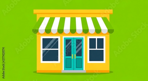 Small shop building with a green and white striped awning