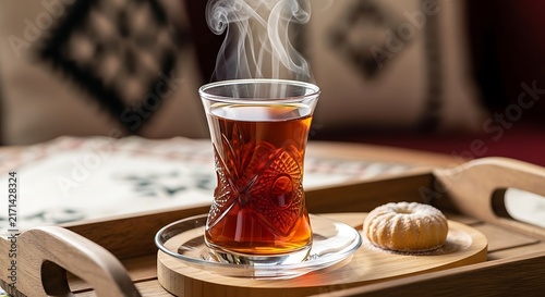 Steaming turkish tea in traditional glass with a sweet pastry