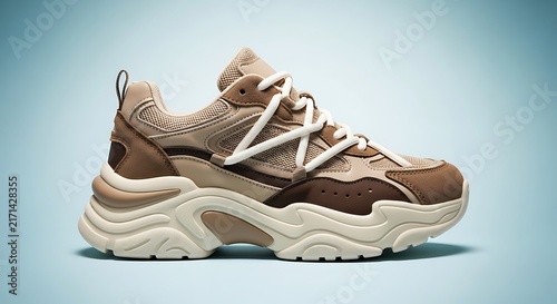 Stylish chunky sneaker shoe in beige and brown on light blue