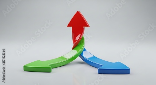 Three colorful arrows intertwining together represent choices and various directions