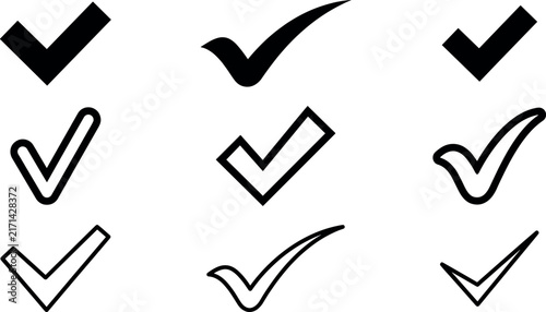 Minimalist check mark icon set featuring simple bold glyphs thin outlines rounded curves and flat tick symbols for checklist design