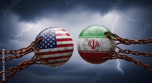 United States and Iran flags on wrecking balls under a stormy lightning sky