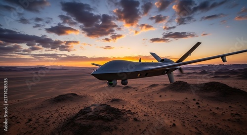 Unmanned aerial vehicle flying over vast desert landscape during a sunset