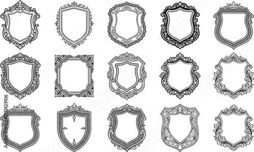 Vintage baroque filigree frames and royal luxury ornament set with victorian scroll flourish and crown engraving elements vector.