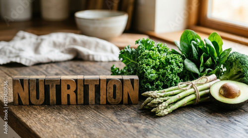 Nutrition vegetable still life for chronic disease management with kale asparagus spinach and avocado on rustic table