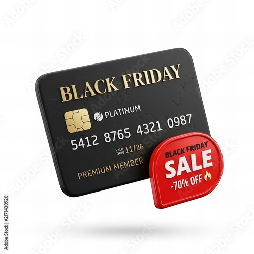 Black Friday Credit Card with Red Sale Tag 3D Illustration