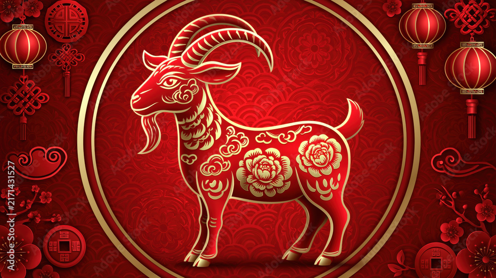 Fototapeta premium Chinese zodiac goat illustration on red background with lantern, floral pattern, and golden ring, festive Asian art for celebration and luck
