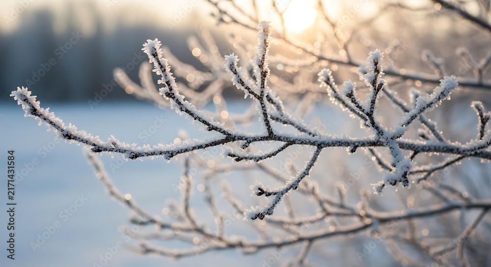 Obraz premium Frost covered tree branches glisten beautifully against soft glowing sunlight