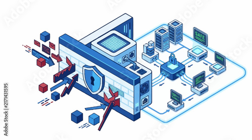Cyber attack blocked by robust network firewall security system.