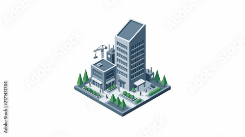 Isometric architectural layout showing a modern corporate building complex surrounded by trees.