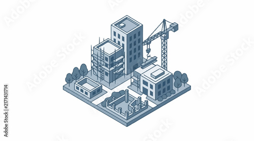 Construction site with residential buildings, scaffolding, and a heavy lifting crane.