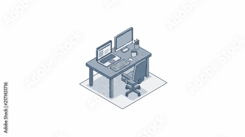 Modern office desk setup featuring dual computer monitors, keyboard, mouse, and chair.