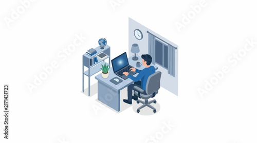Businessman working on a laptop at a neat office desk with bookshelves and window view.