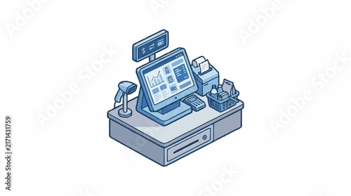 Point of sale system terminal with receipt printer and barcode scanner on a checkout counter.