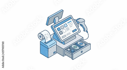 Modern cash register with receipt printer and barcode scanner.