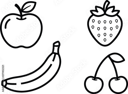 Fruit line icon set with apple banana strawberry and cherry organic food vector illustration