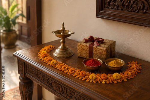 Carved wooden entryway table with brass diya lamp, sweet box, rangoli powder bowls, marigold petals, festive decor concept