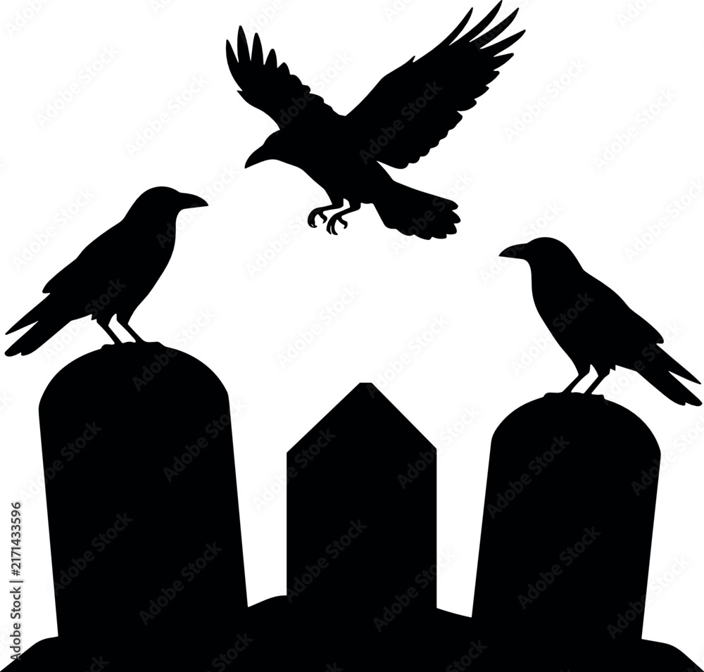 Fototapeta premium Crow And Gravestone Silhouette Scene For Halloween And Gothic Designs