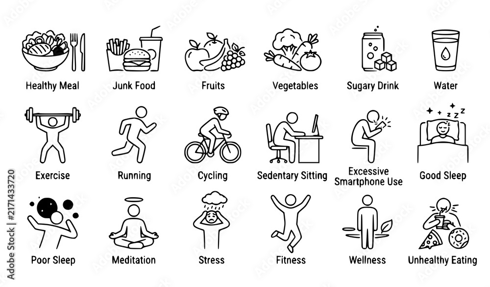 Fototapeta premium Healthy Lifestyle Thin Line Icons Nutrition Exercise Sleep Fitness and Unhealthy Habits Vector Set