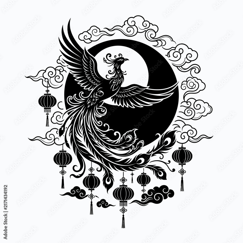 Fototapeta premium Asiatic phoenix vector illustration on yin yang symbol. Oriental mythical bird eagle design with clouds and lanterns. Traditional spiritual identity logo graphic for tattoo or stamp isolated on