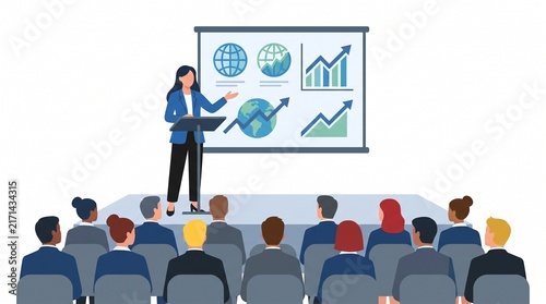 Businesswoman presenting financial data charts on a projector screen to an audience.