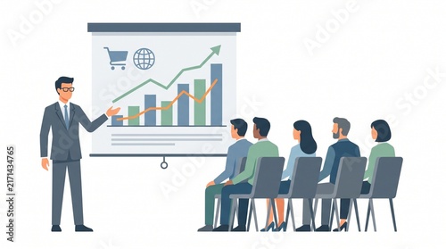 Business presentation with growth chart and audience.