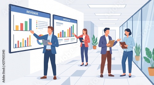 Business team analyzing financial charts and graphs in a modern office setting.