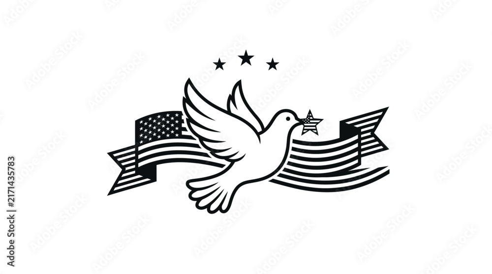 Obraz premium Dove with American flag ribbon and stars memorial vector illustration