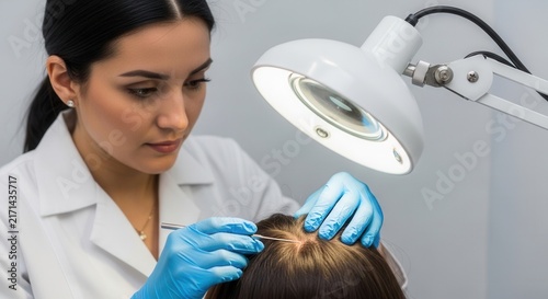 Dermatologist examines patient's scalp under magnifying lamp, focusing on hair follicles for diagnosis and treatment.