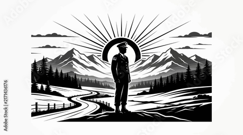 A silhouette of a military officer standing in front of mountains with a sunrise.