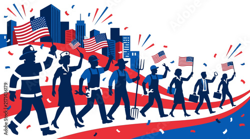 Diverse group of American workers celebrating with flags in front of city skyline.