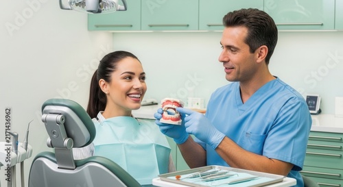 Dentist explaining dental model to smiling patient in modern clinic