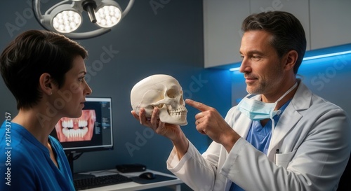 Dentist explains skull anatomy and dental treatment plan to patient on monitor in modern clinic