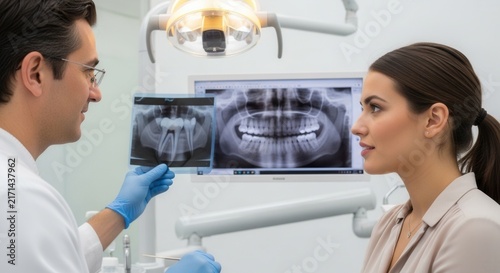 Dentist showing dental x-ray to patient on screen, discussing treatment in modern clinic