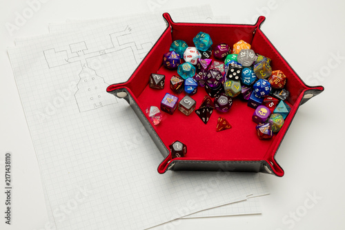 Foto Rolling polyhedral dice for tabletop games