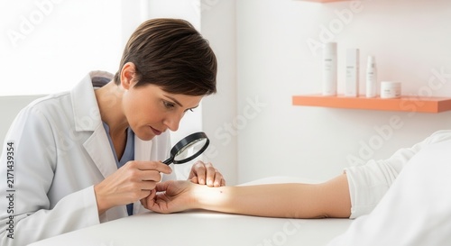 Dermatologist Examines Mole on Patient's Arm with Magnifying Glass in Modern Clinic