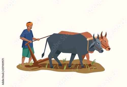 Bild auf Leinwand Vector of a farmer plowing a rice field using oxen.