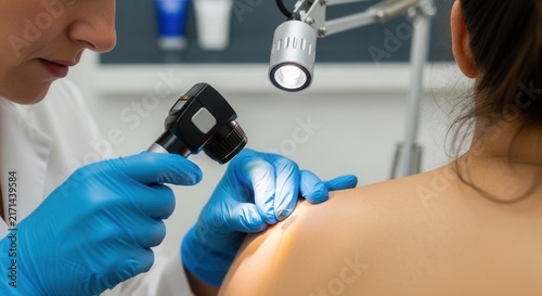 Dermatologist examines mole on patient's shoulder using dermatoscope and bright lamp, close-up view of skin check-up