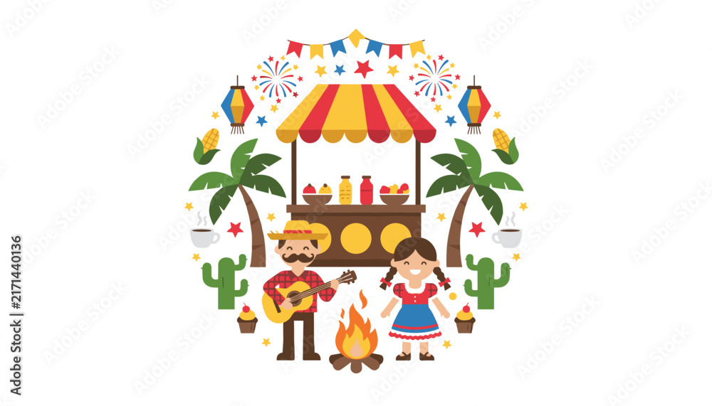 Naklejka premium Festive circular design celebrates Festa Junina with a music player, a dancer, food stalls, cactuses, and fireworks.