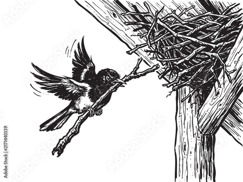 Bild auf Leinwand Wood engraving illustration of starling bird building twig nest, vintage sketch