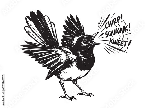 Принти на полотні Retro magpie bird illustration, monochrome woodcut style, funny squawking animal